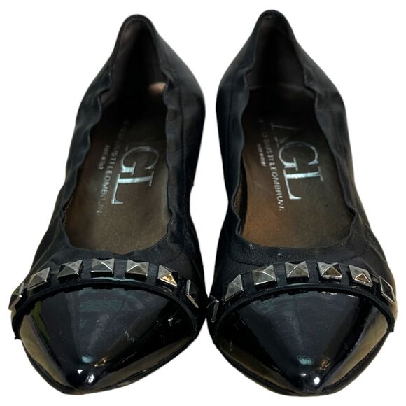 AGL Black Leather Chunky Heel Studded Pointed Cap Toe Heels Size 37.5 (US 7) - Picture 9 of 9